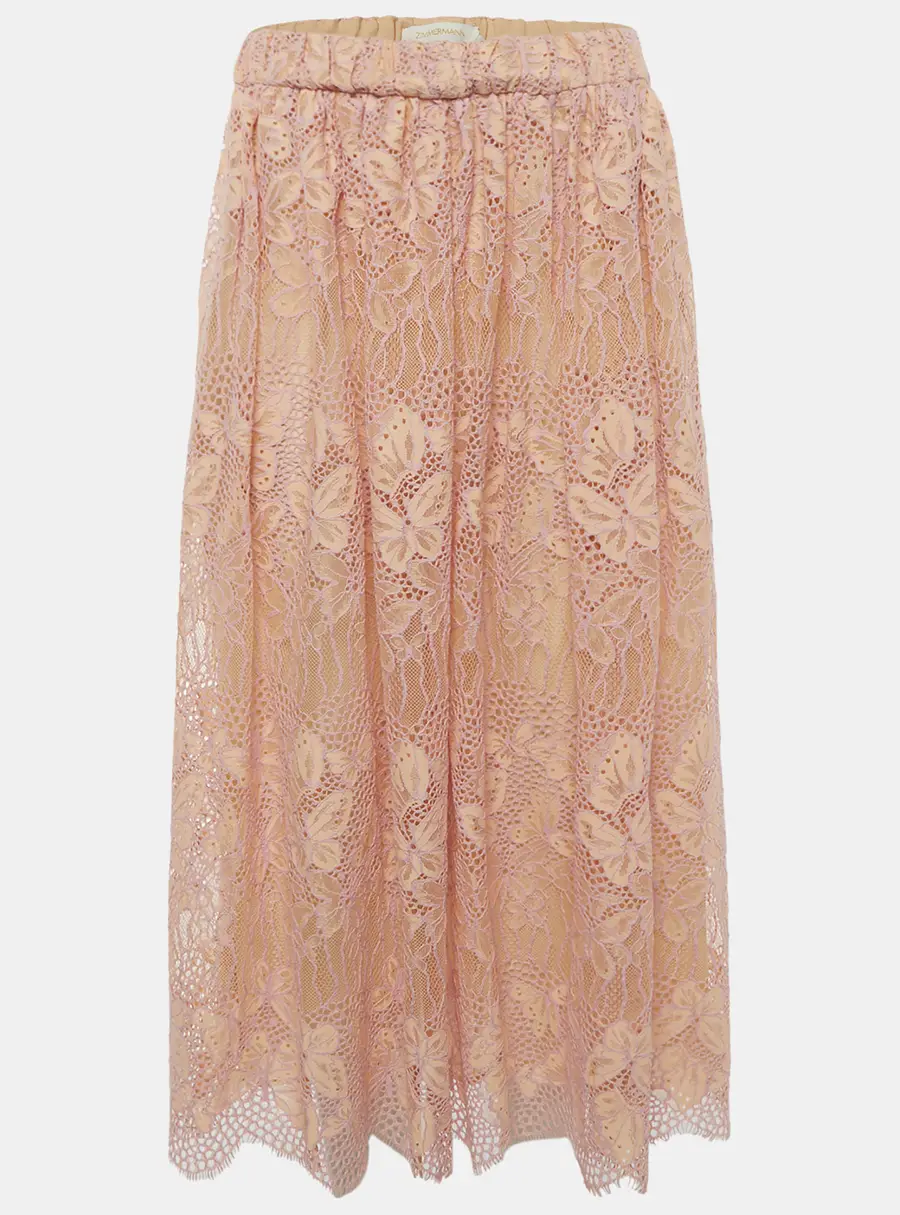 Zimmermann Pink Guipure Lace Harmony Midi Skirt S