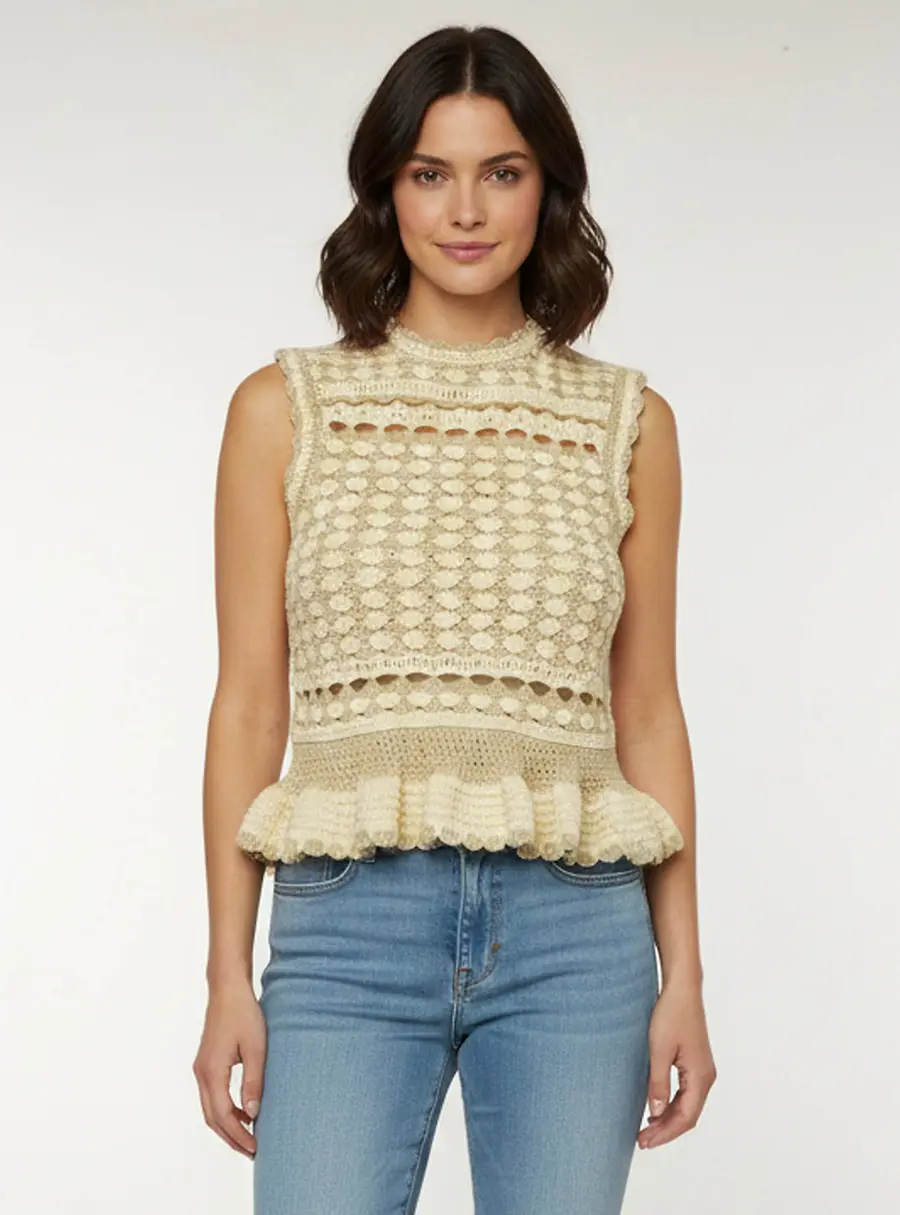 Zimmerman Metallic Beige Crochet Wanderlust Tank Top S
