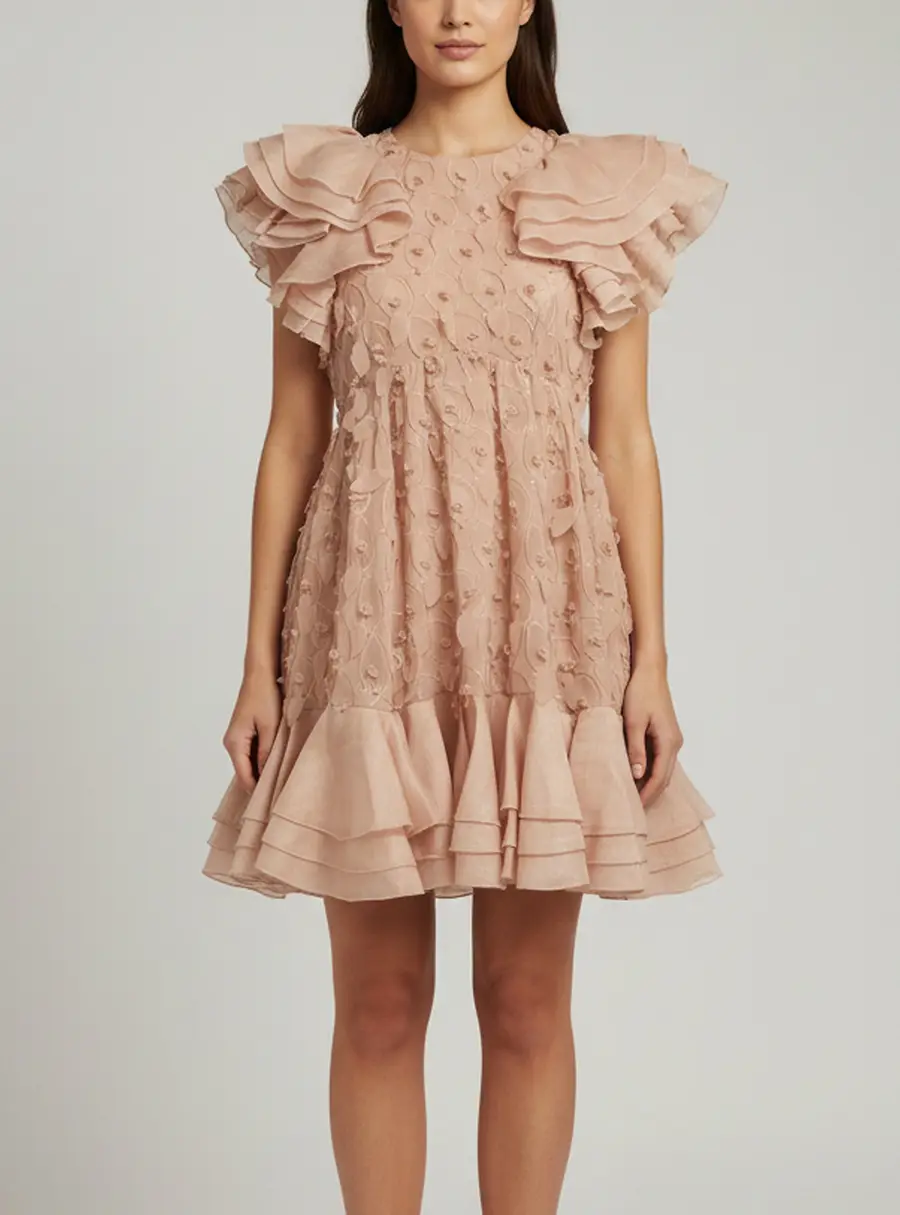 Zimmermann Pink Crepe and Linen Blend Dancer Frilled Mini Dress M