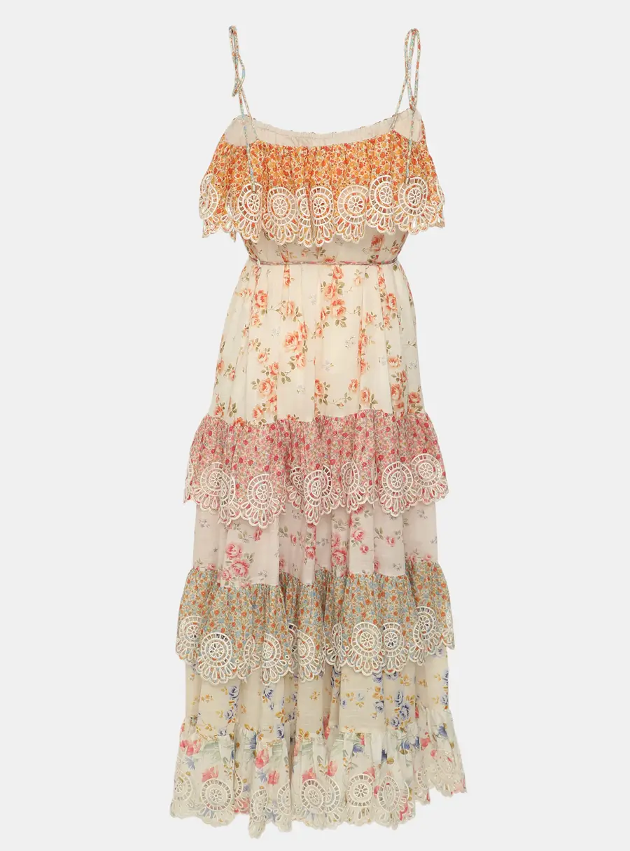 Zimmermann Multicolor Floral Print Cotton Lucky Tiered Spliced Maxi Dress M