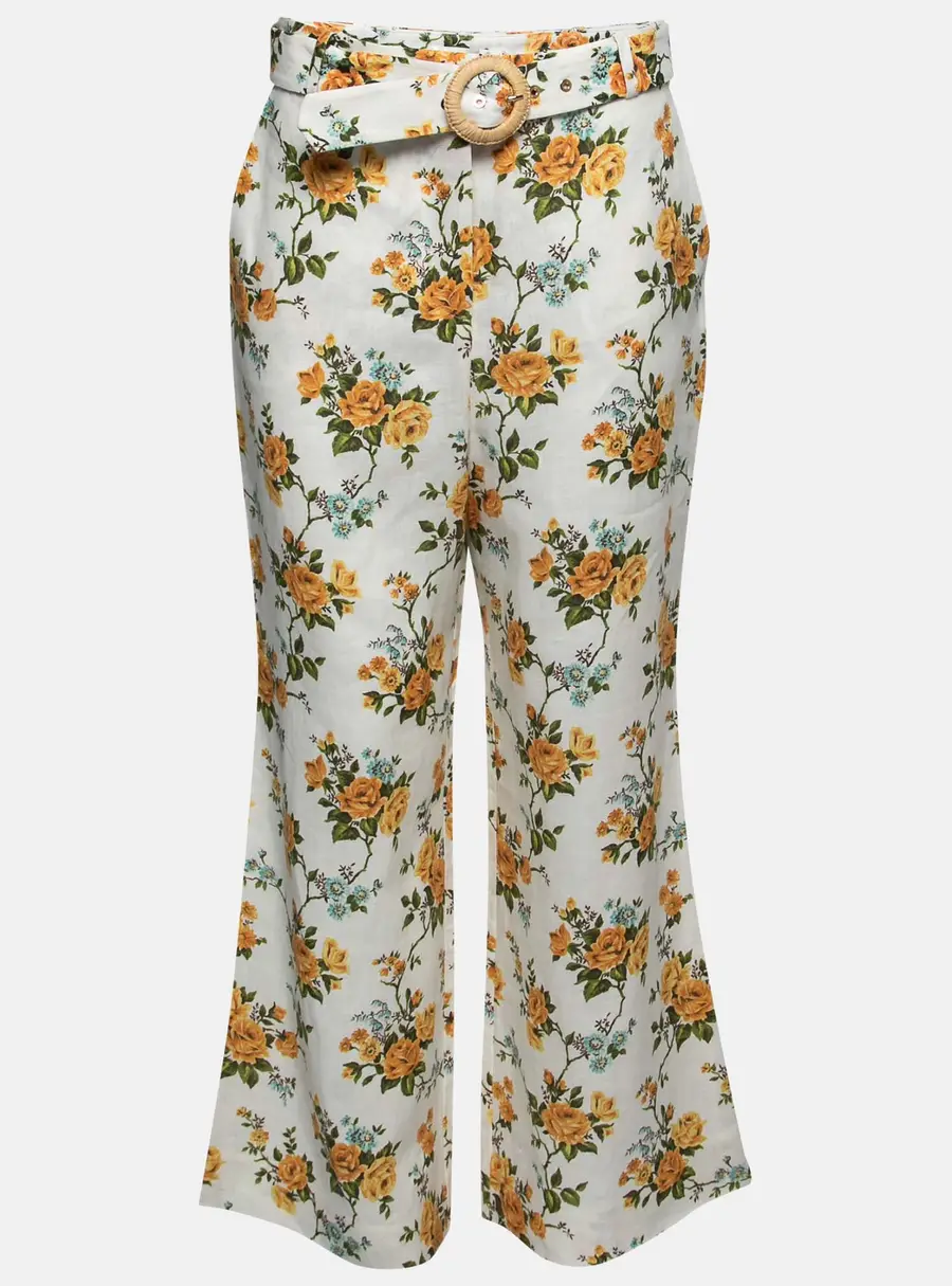 Zimmermann White Floral Printed Linen Belted Straight Pants M