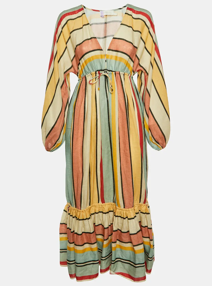 Zimmermann Multicolor Striped Linen Tiered Cassia Maxi Dress S