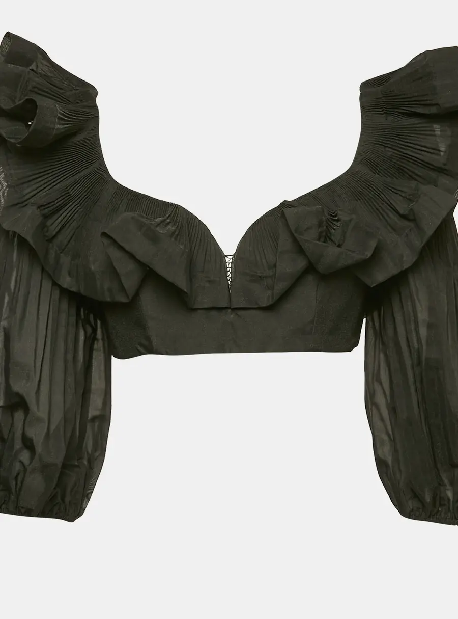 Zimmermann Black Crepe Ruffled Crop Top M