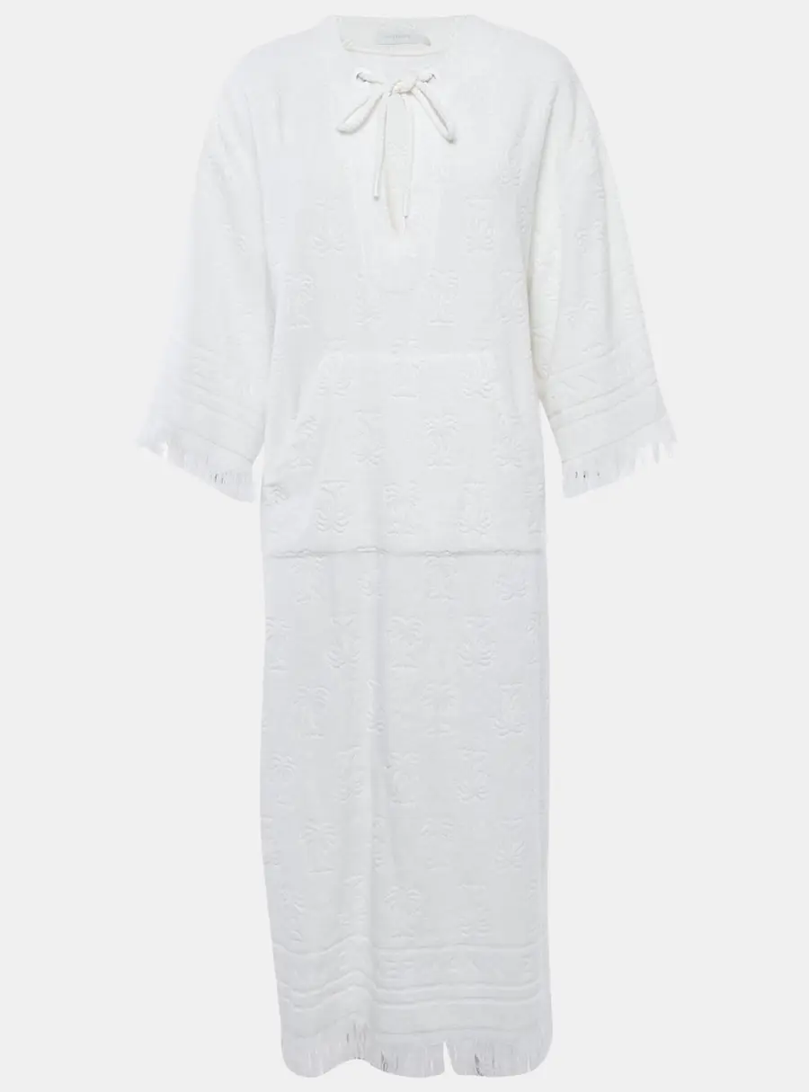 Zimmermann White Palm Tree Terry Cotton Fringed Kaftan Dress M