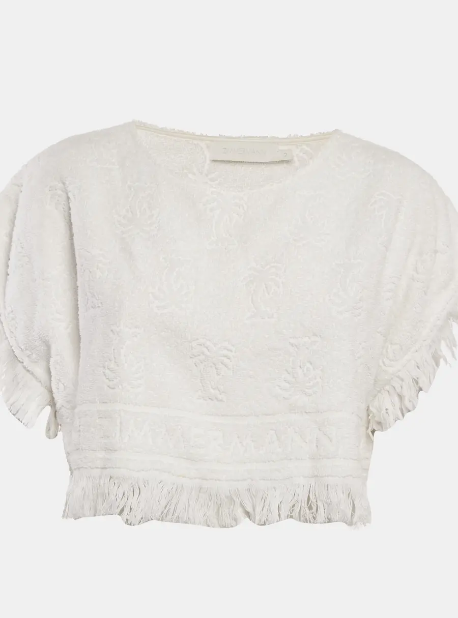 Zimmermann White Palm Tree Terry Cotton Fringed Crop Top M