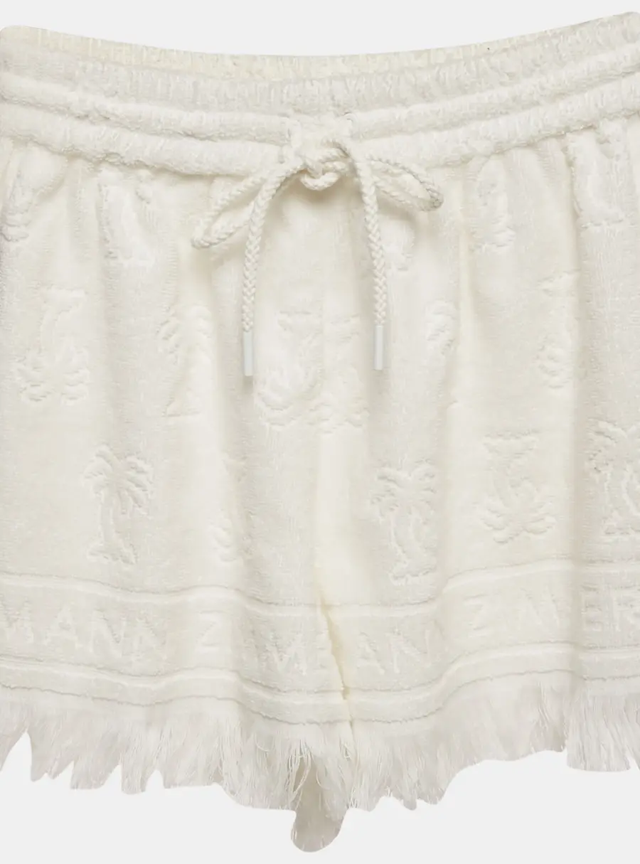 Zimmermann White White Palm Tree Terry Cotton Fringed Shorts M
