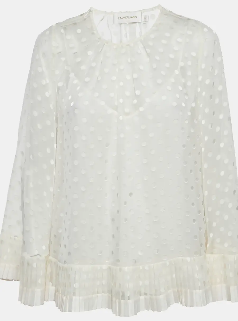 Zimmermann Off-White Dotted Crepe Fil Coupe Pleat Detail Top M