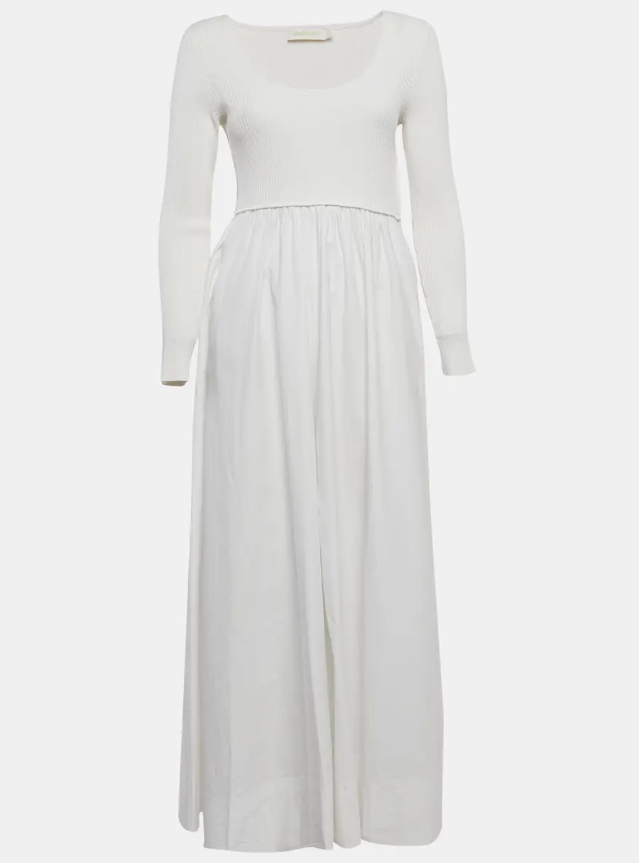 Zimmermann White Rib Knit and Poplin Scoop Neck Long Dress M