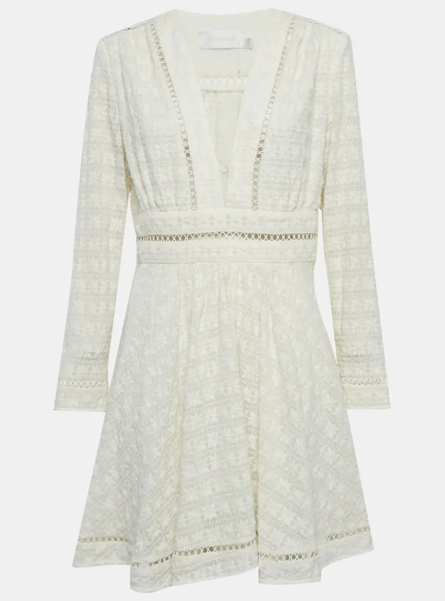 Zimmermann Cream Zephyr Broderie Cotton Plunge Neckline Mini Dress L