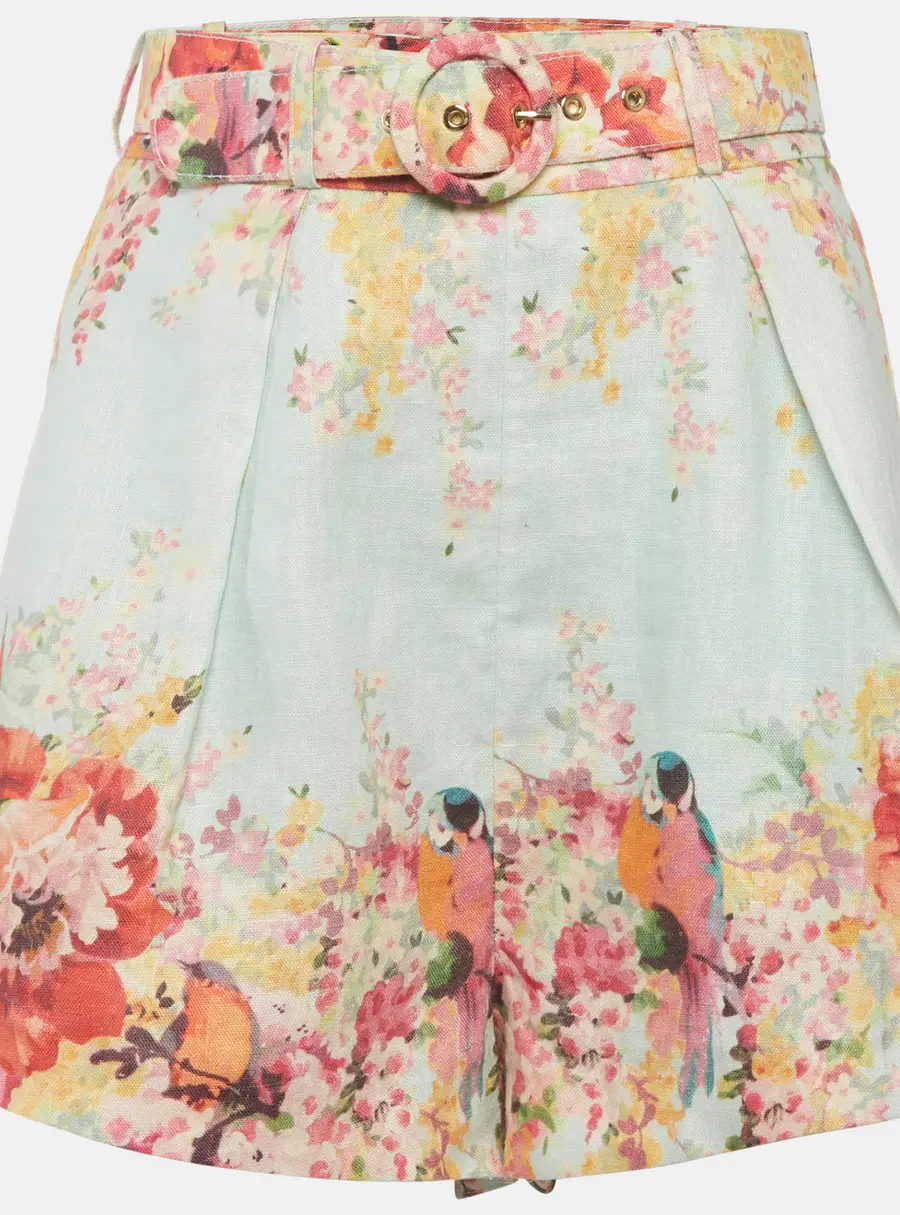 Zimmermann Blue Floral Print Linen Belted Shorts L