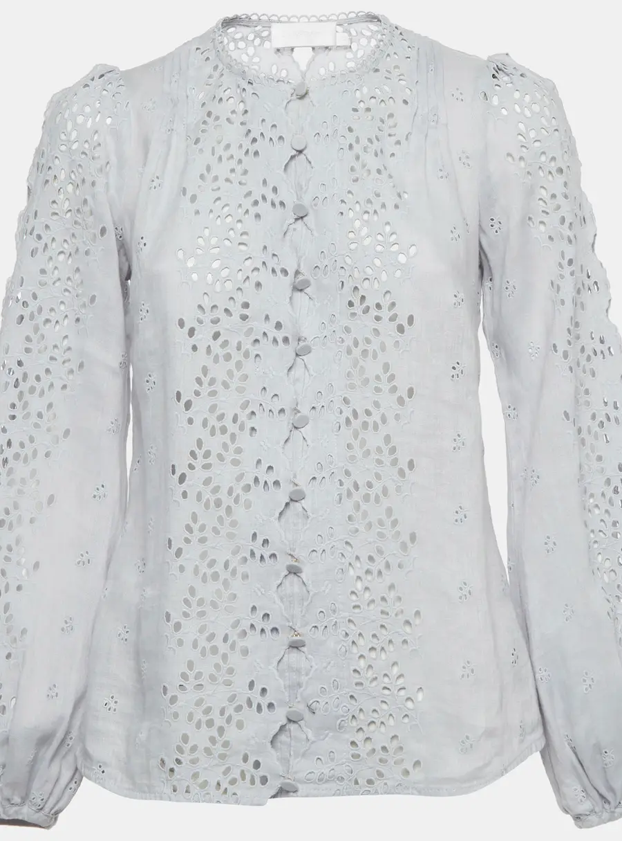 Zimmermann Light Blue Linen Iris Broderie Anglaise Long Sleeve Top S