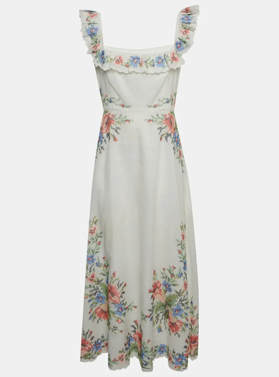 Zimmermann White Linen Cross Stitch Off Shoulder Dress M