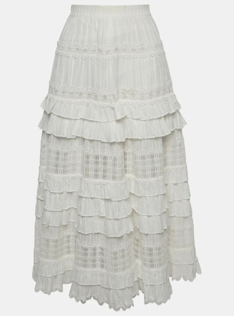 Zimmermann White Cotton Lace Ruffled Midi Skirt M