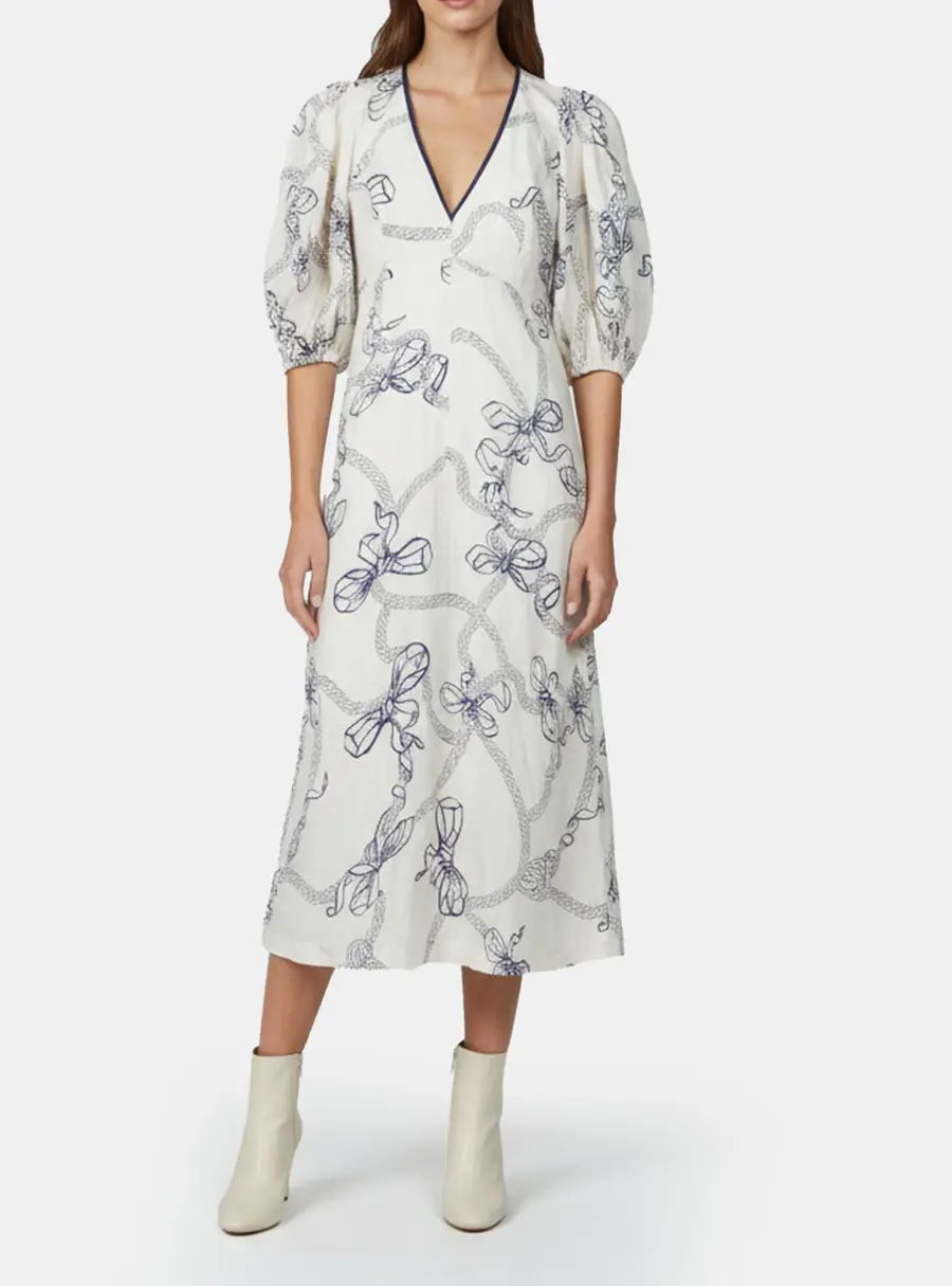 Zimmermann White Navy Bows Print Linen Midi Dress L