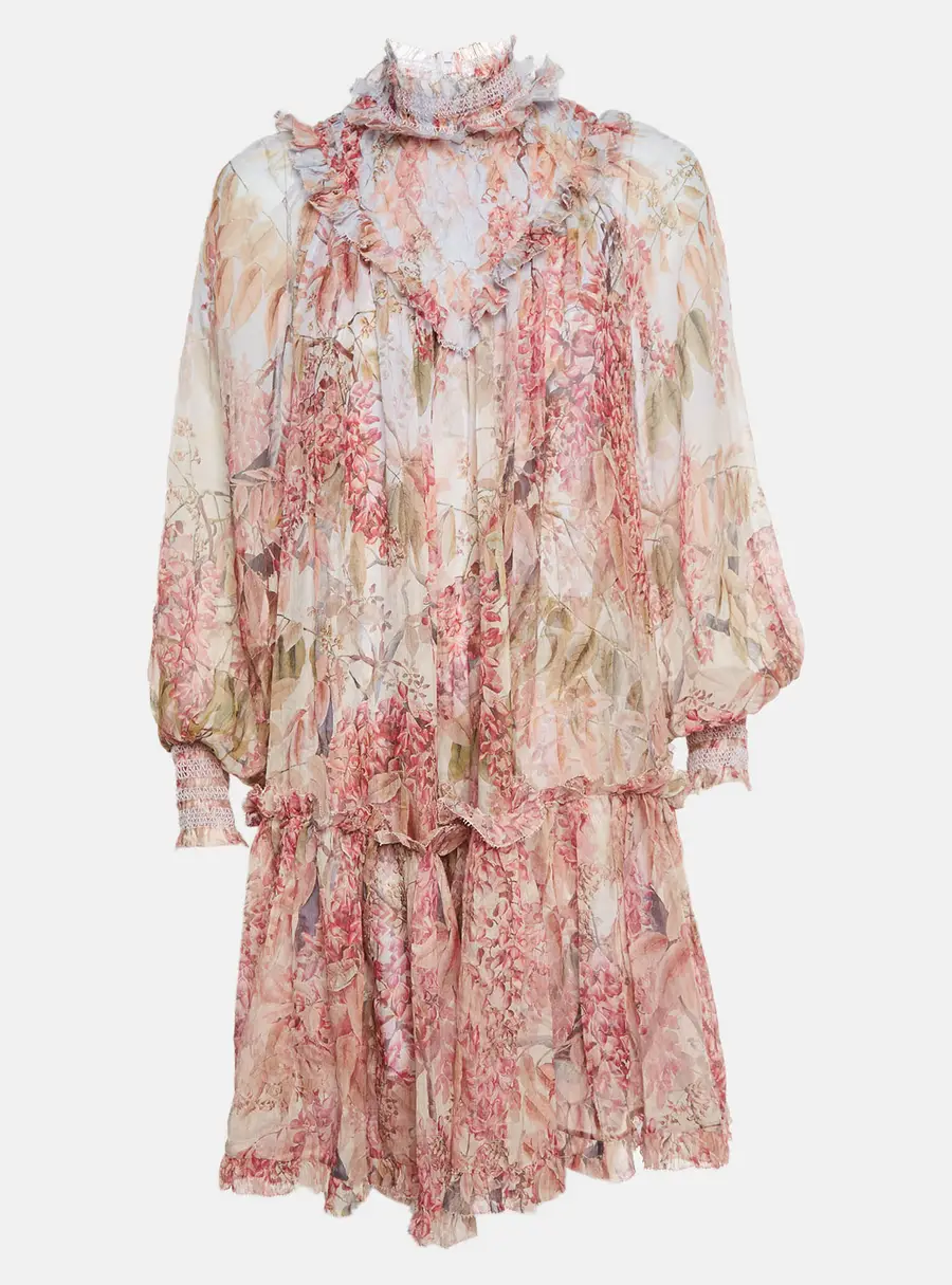 Zimmermann Multicolor Botanica Print Chiffon Smocked Mini Dress L