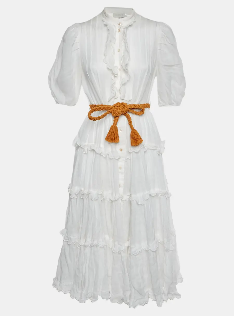 Zimmermann White Ramie Frill Amelie Dress M