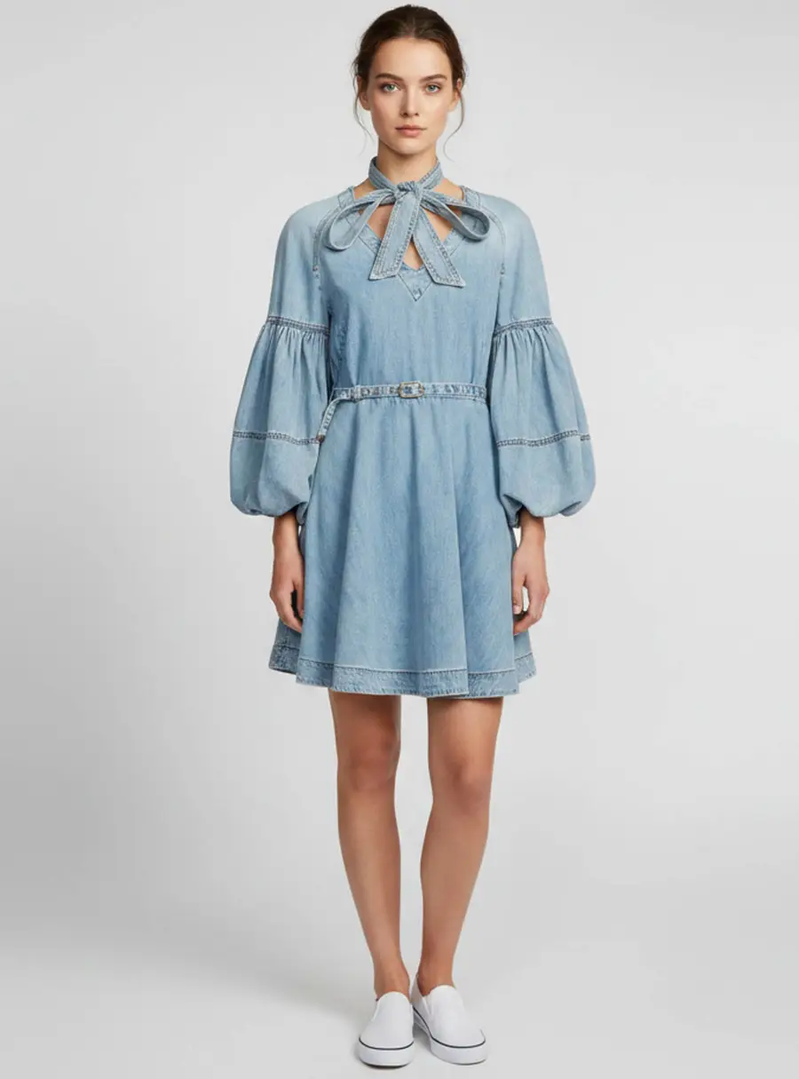Zimmermann Blue Denim Puff Sleeved Neck Tie Mini Dress M