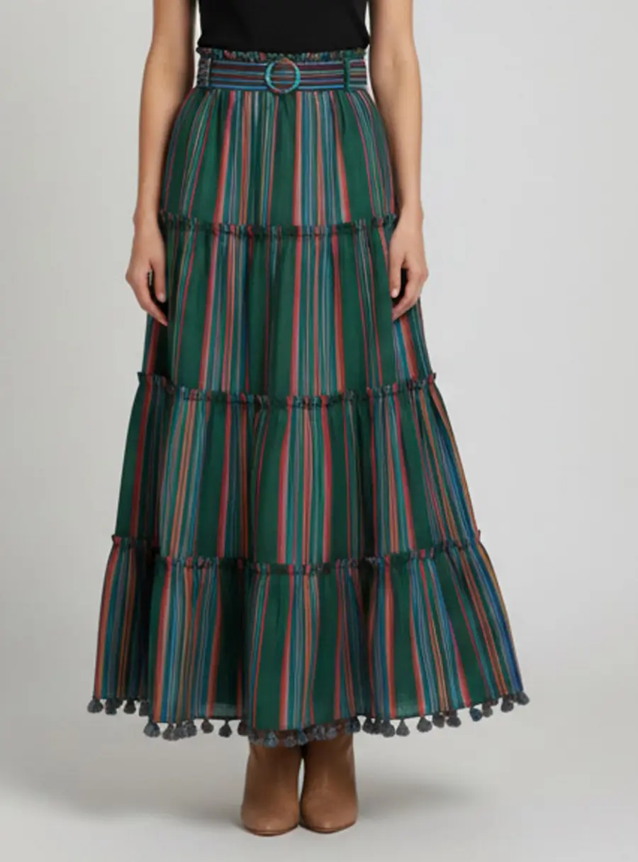 Zimmermann Green Multicolor Stripe Cotton Ruffled Maxi Skirt S