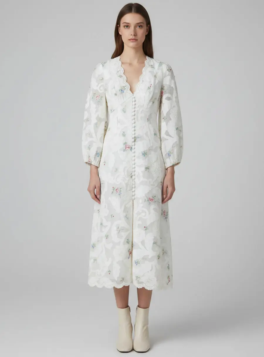 Zimmermann White Floral Embroidered Ramie Blend Maxi Dress M