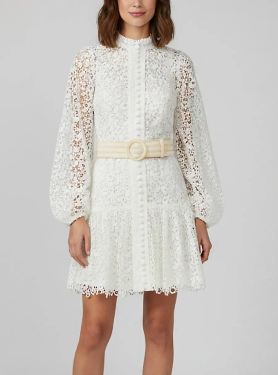 Zimmermann White Guipure Lace Belted Mini Dress M