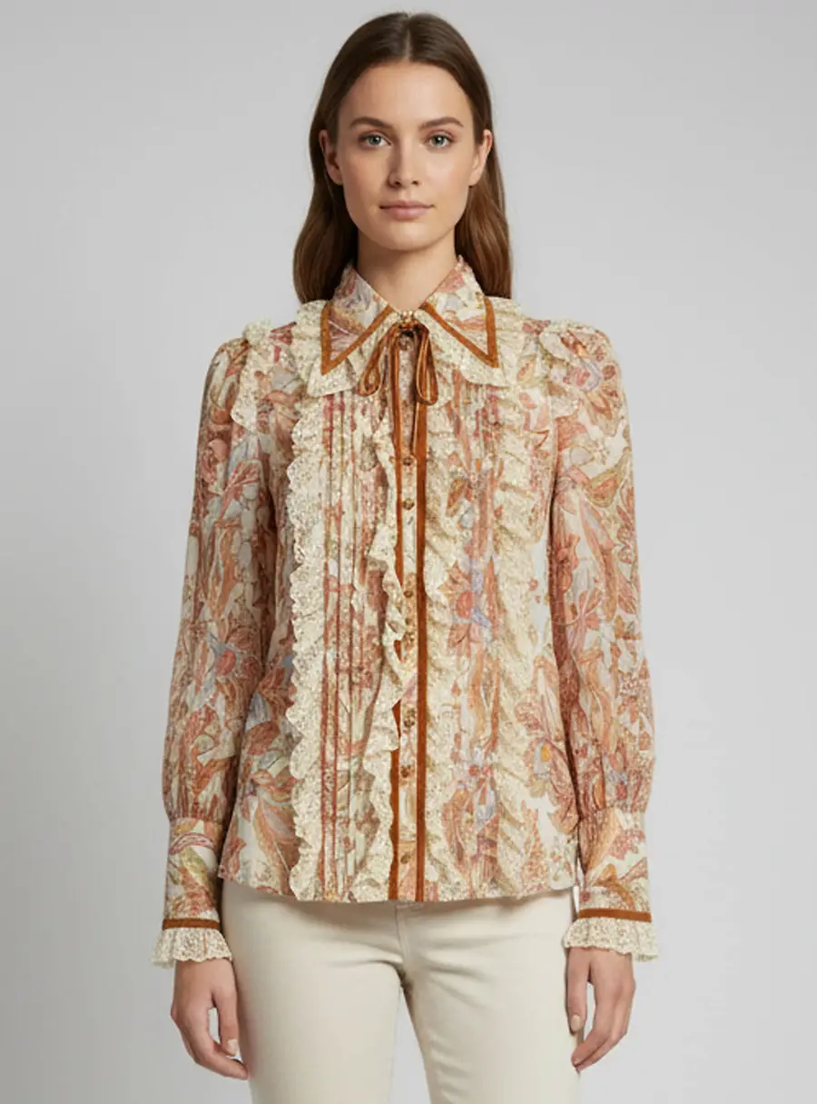 Zimmermann Multicolour Floral Print Chiffon Lucky Lace Collar Blouse S