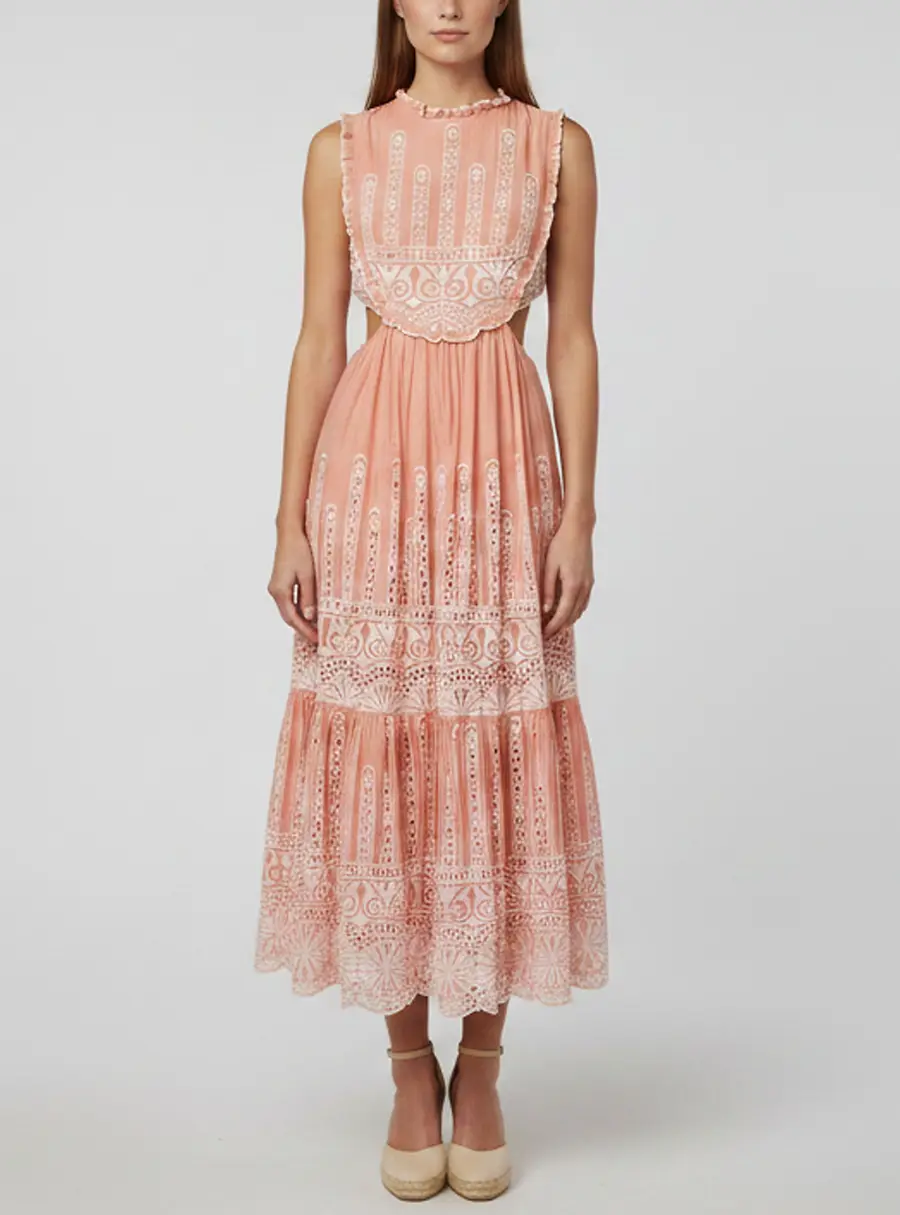 Zimmermann Pink Broderie Anglaise Cotton Cut Out Midi Dress M