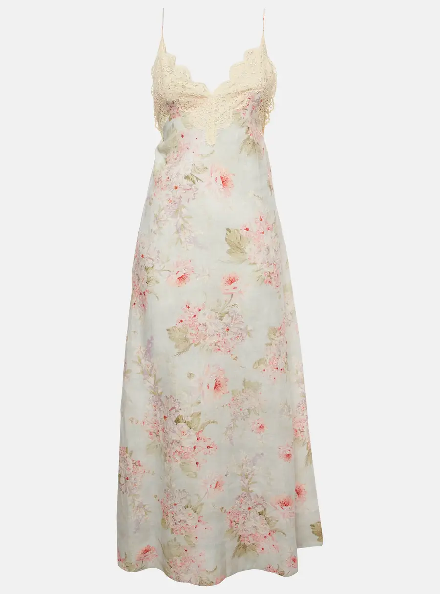 Zimmermann Sky Blue Floral Print Linen Halliday Maxi Dress M