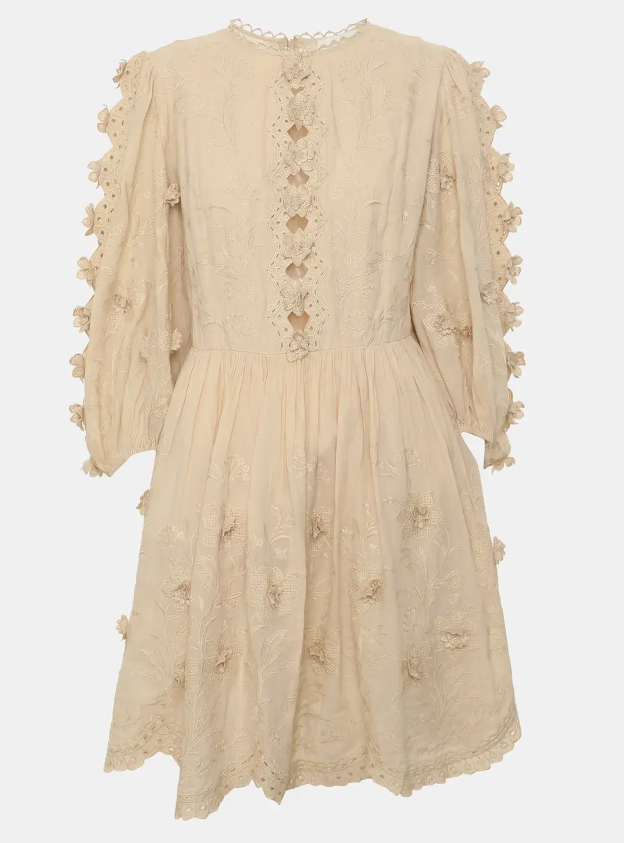 Zimmermann Beige Floral Embroidered Voile Mini Dress S