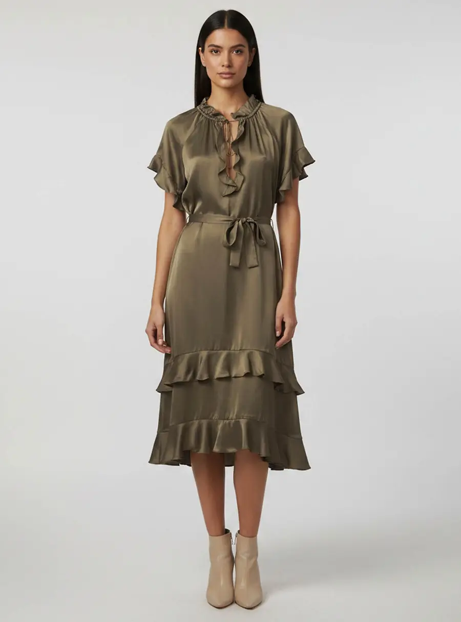 Zimmermann Olive Green Satin Flutter Smock Midi Dress S