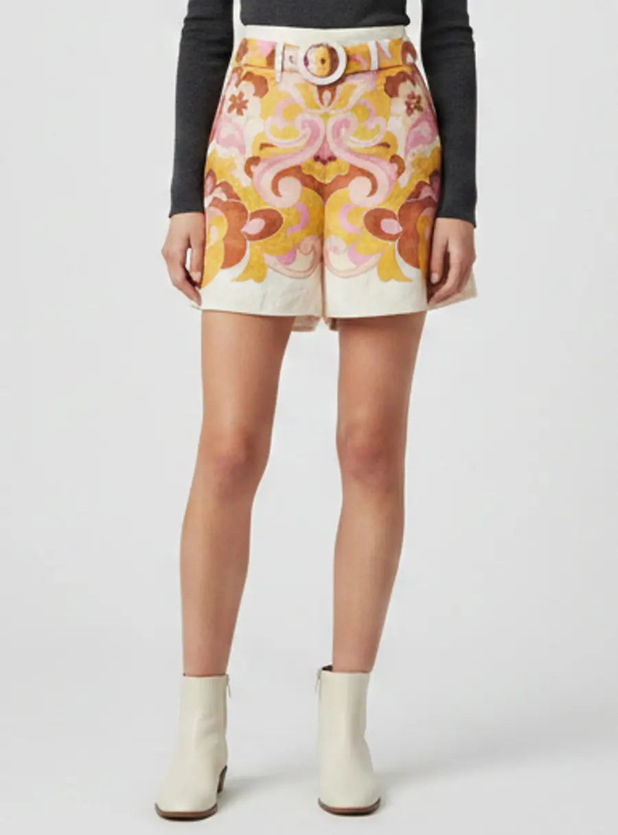 Zimmermann Pink Paisley Print Linen Belted Acadian Shorts L