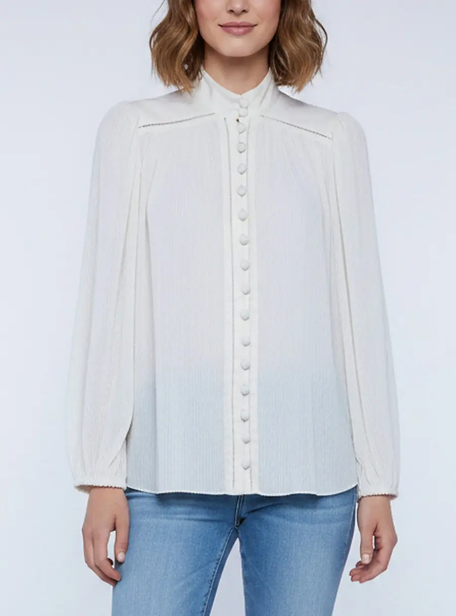Zimmermann Cream Linen and Plisse Long Sleeve Blouse M