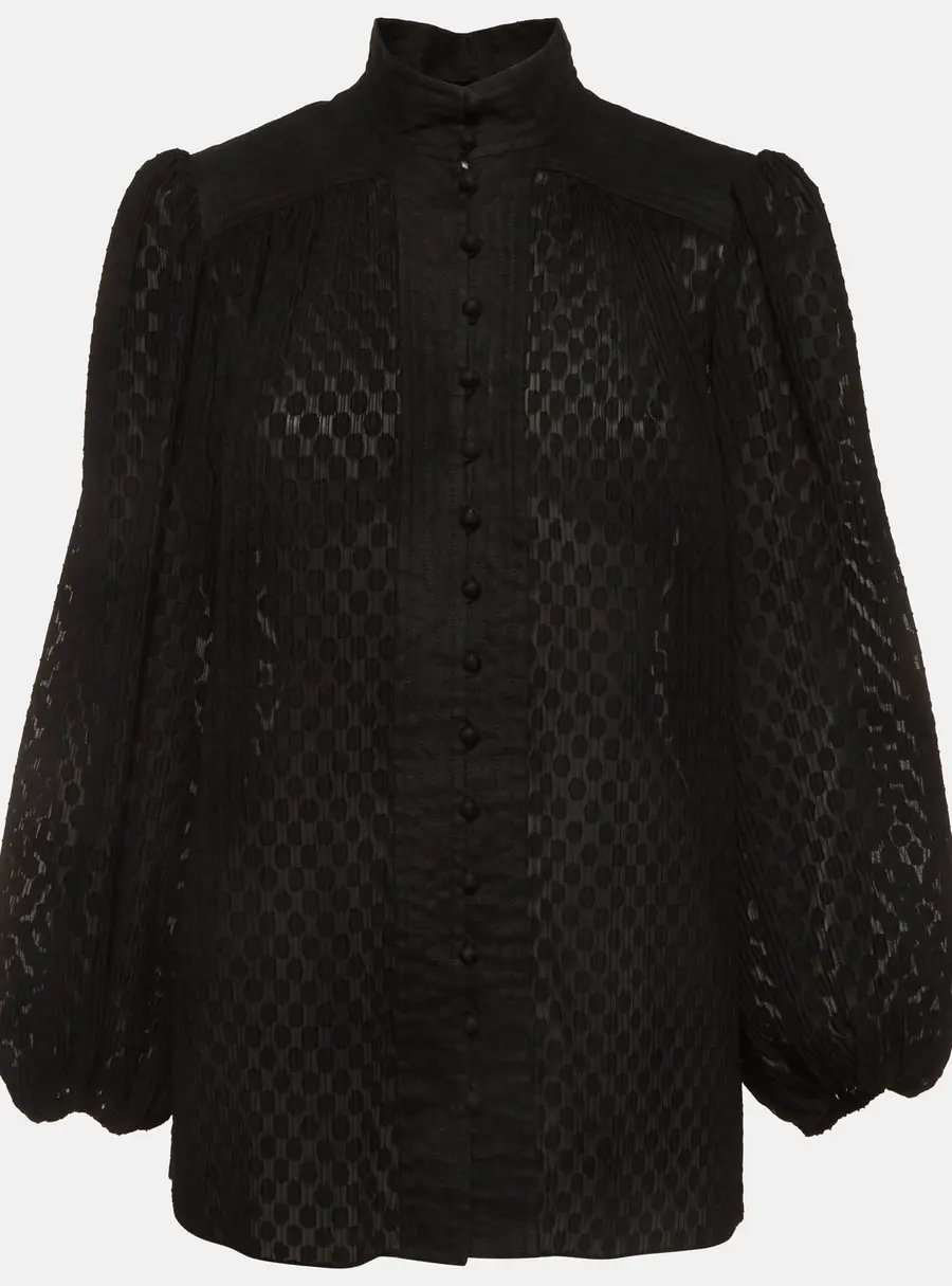 Zimmermann Black Plisse and Linen Puff Sleeve Blouse M