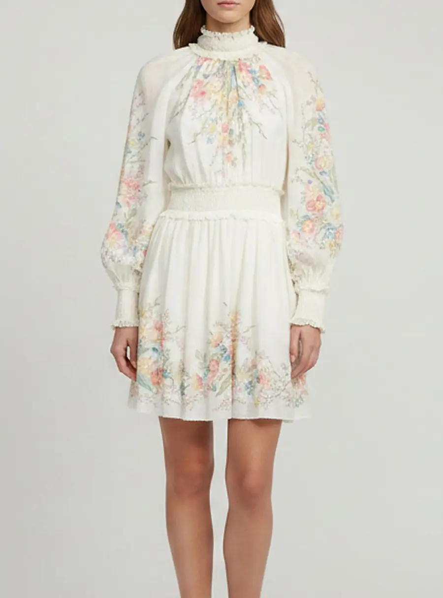 Zimmermann Ivory Floral Printed Ramie Long Sleeve Dress M