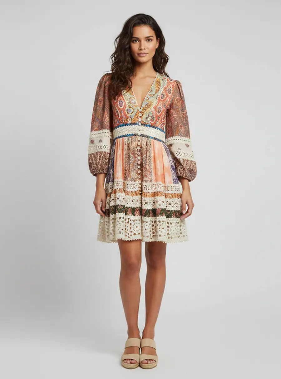 Zimmermann Multicolor Paisley Print Linen Devi Spliced Billow Mini Dress L