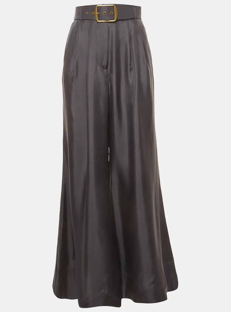 Zimmermann Grey Satin Pleated Wide Leg Pants M