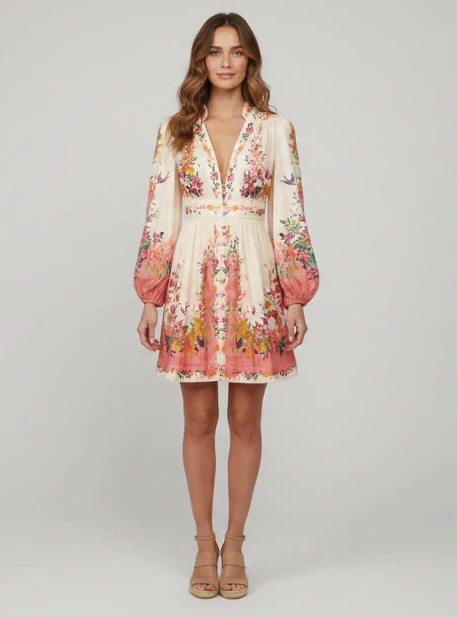 Zimmermann Multicolour Floral Print Linen Tropicana Plunge Mini Dress S