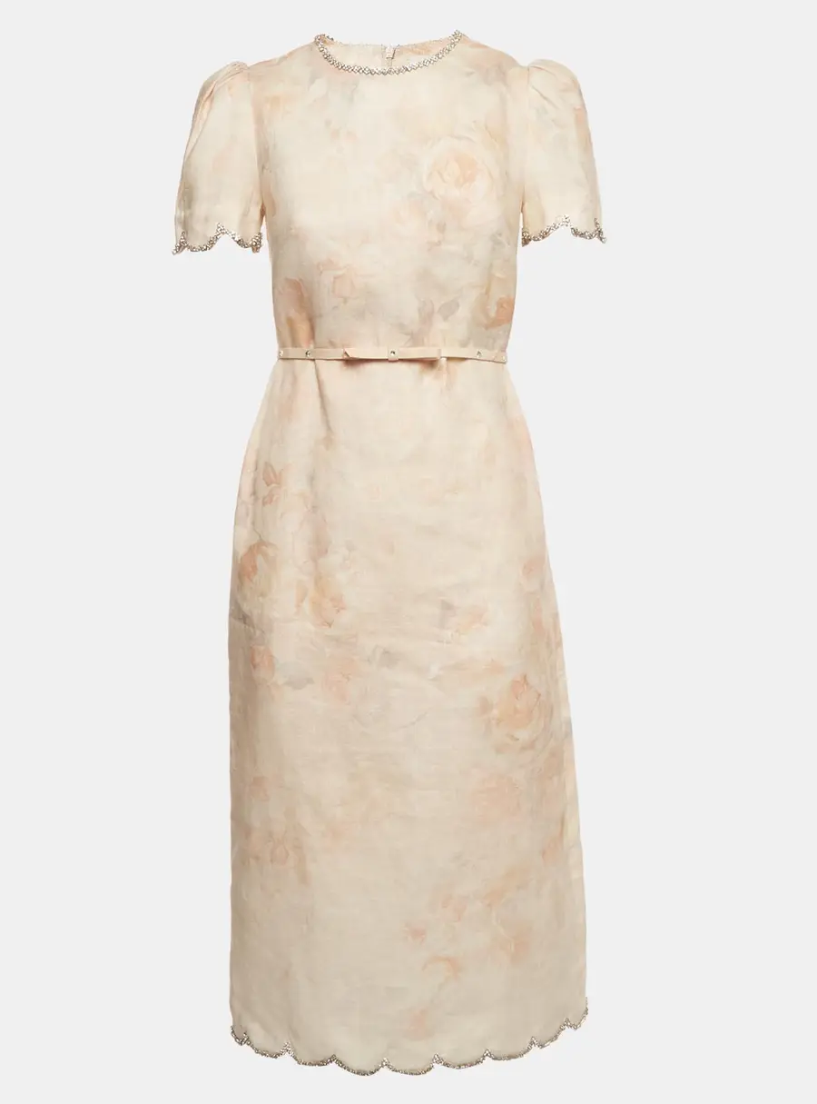 Zimmermann Pink Rose Print Linen Crystal Embellished Midi Dress XS