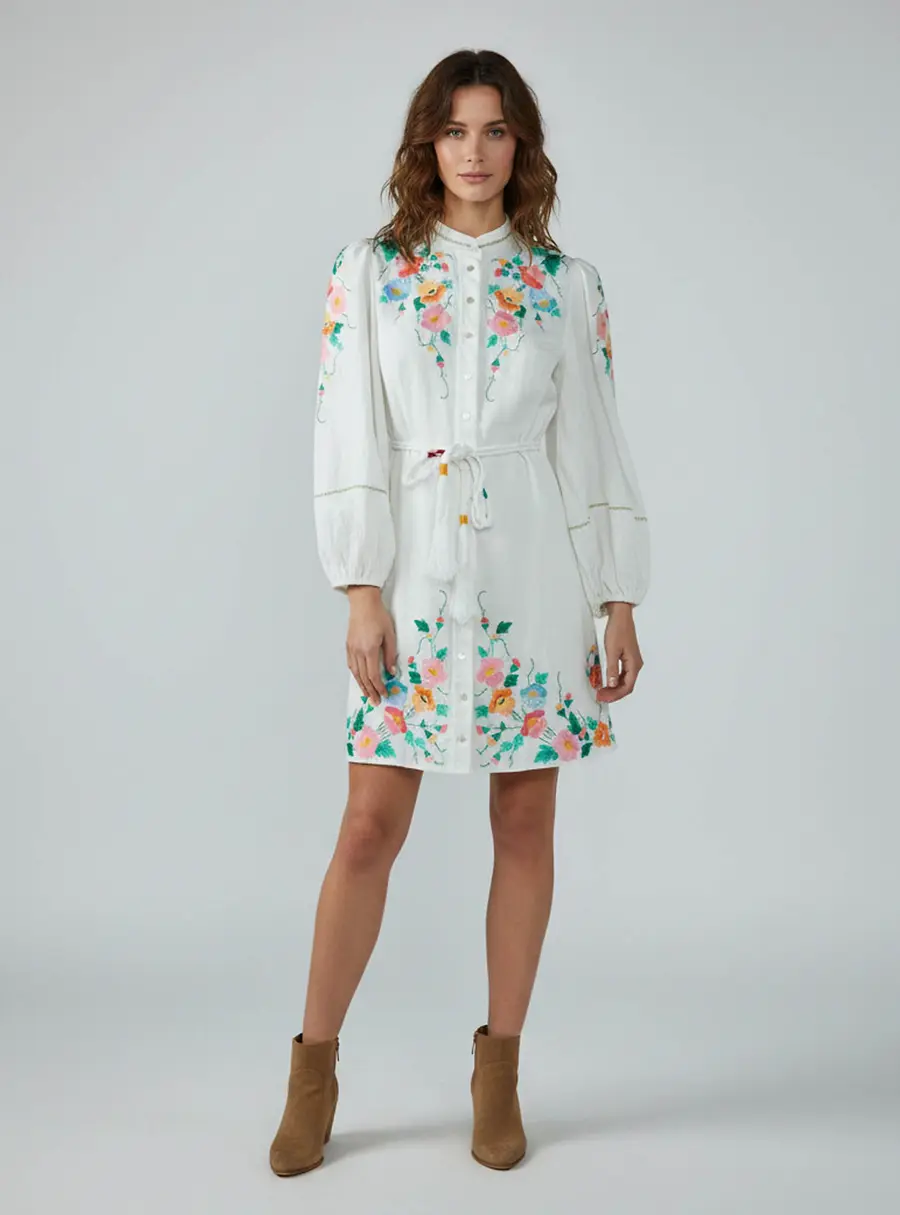 Zimmermann White Embroidered Linen Belted Mini Dress L