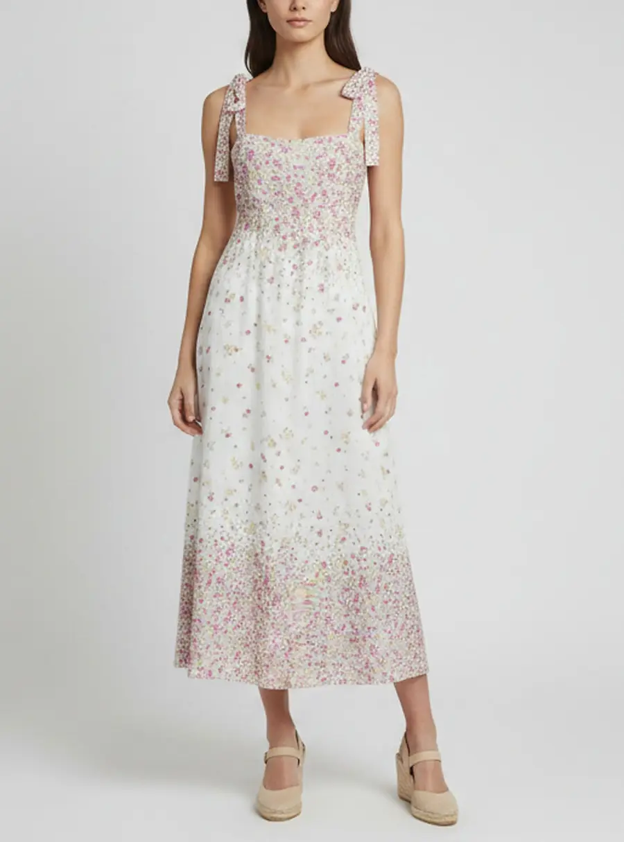 Zimmermann White Floral Print Linen Carnaby Midi Dress M