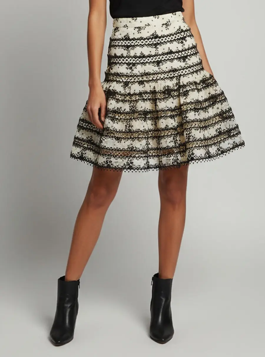 Zimmermann Cream/Black Lace Embroidered Master Picot Bell Skirt S