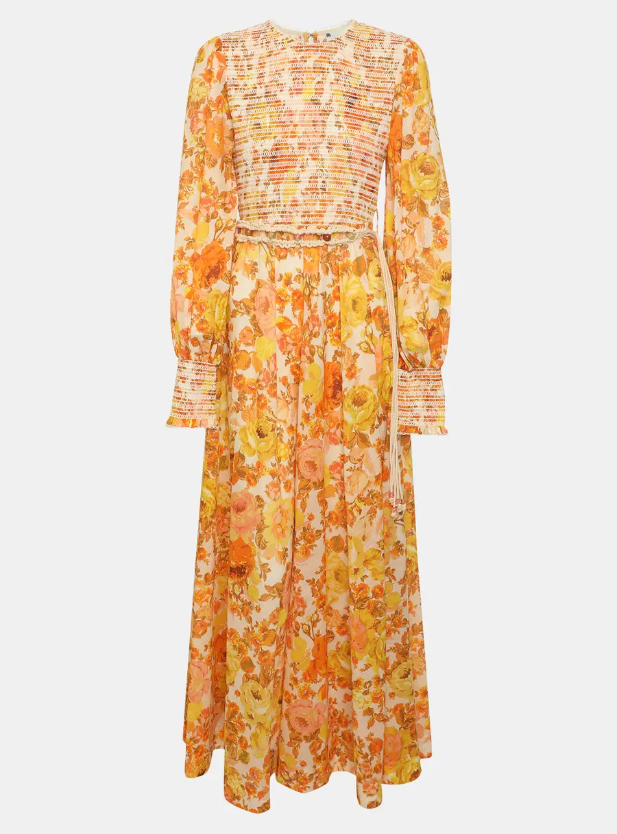 Zimmermann Orange Floral Printed Cotton Shirred Long Sleeve Dress M