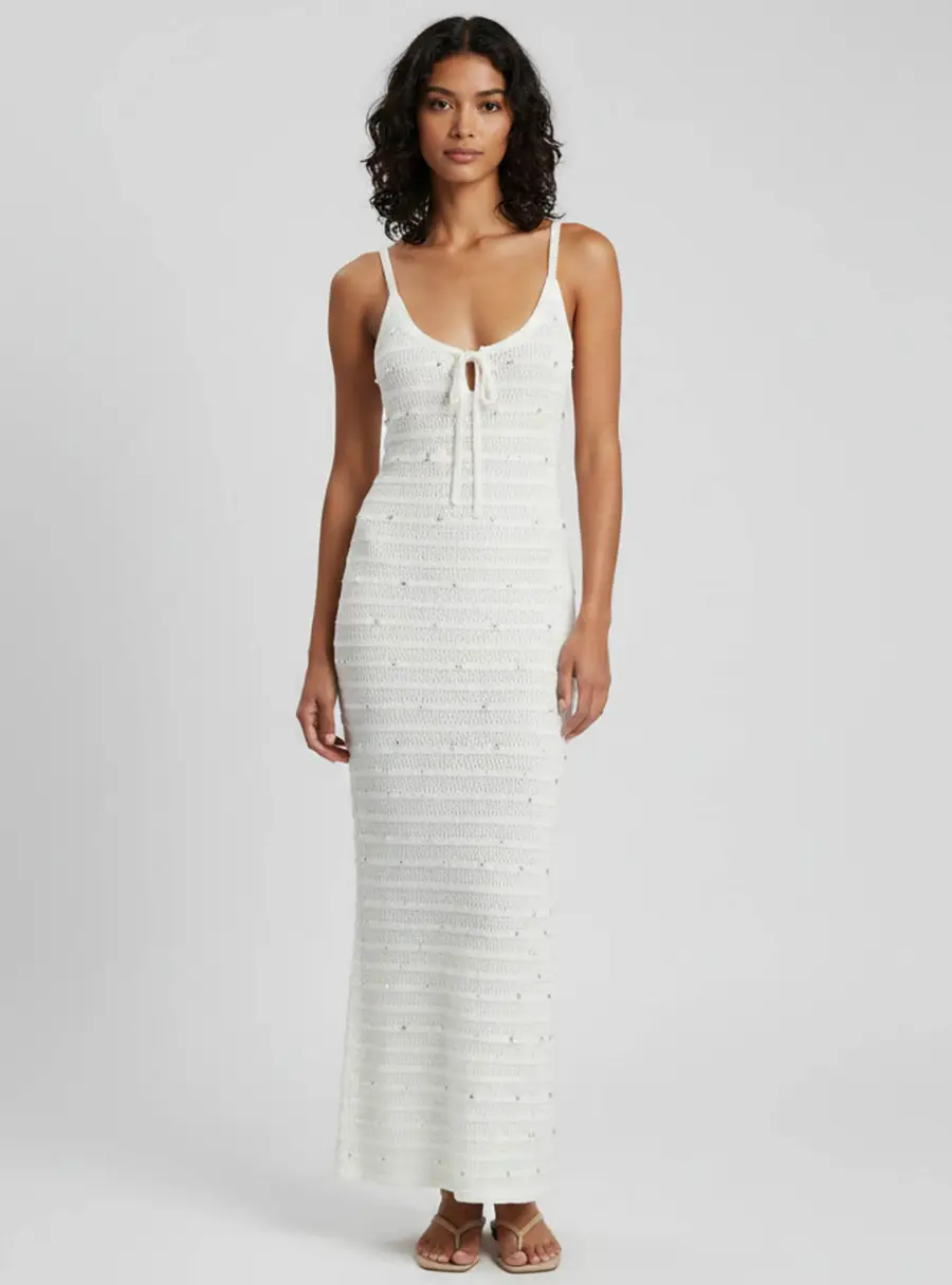 Zoe by sister's White Stud Detail Crochet Knit Serena Dress One Size