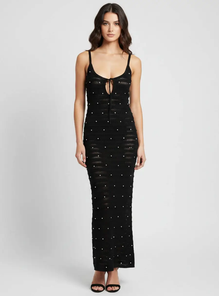 Zoe by sister's Black Embellished Crochet Knit Serena Dress One Size