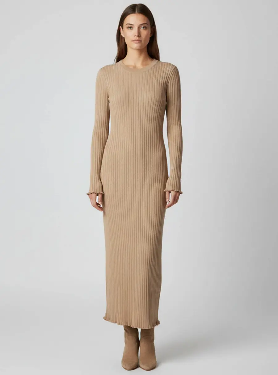 Zoe by sister's Beige Rib Knit Terry Ruffle Hem Adriana Dress One Size