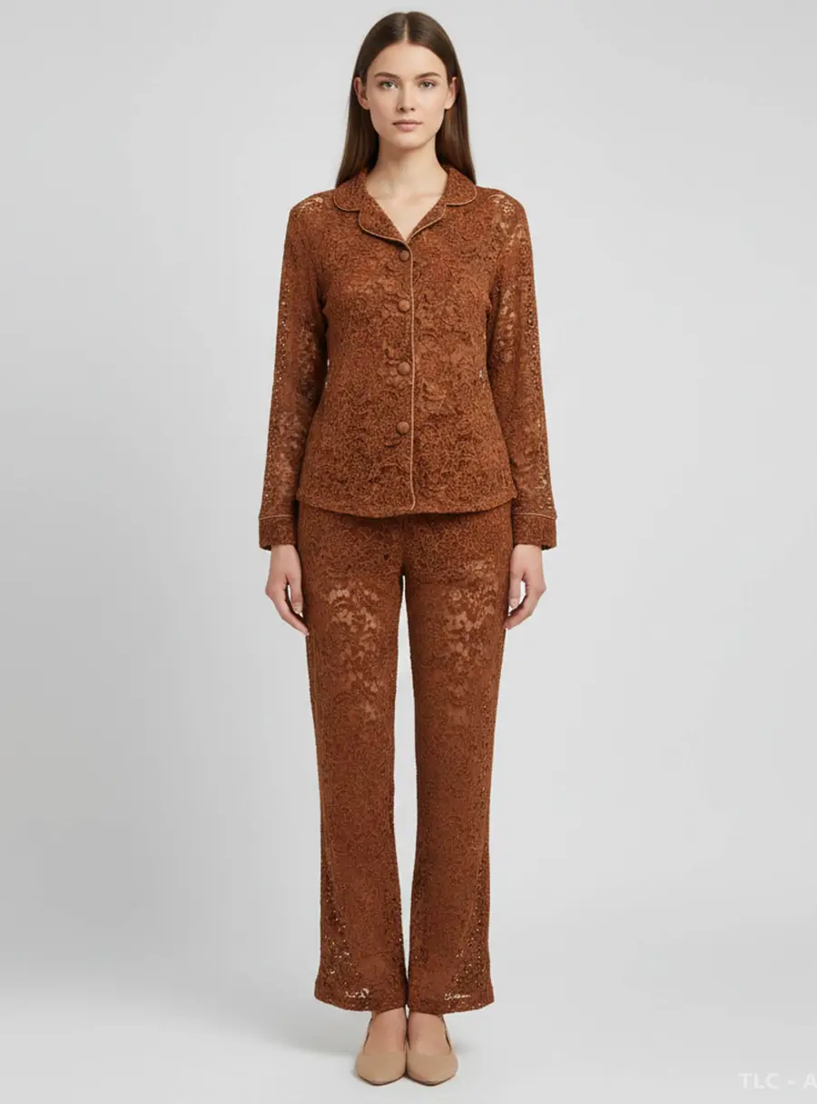Zoe by Sisters Brown Floral Lace Giselle Shirt and Pants Set S/M