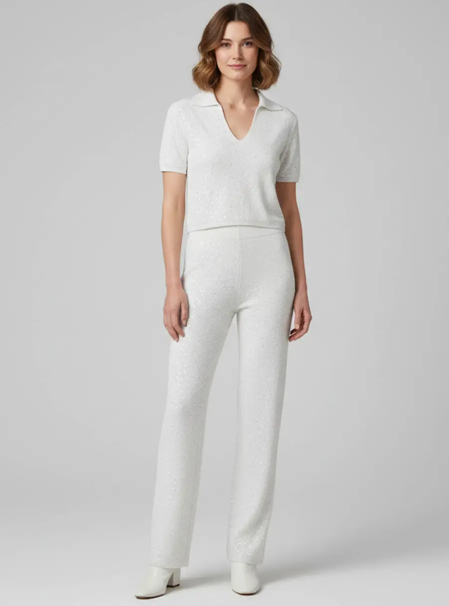 Zoe by Sisters White Sequin Knit Valeria Crop Top and Pants Set S